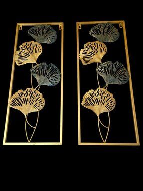 Metal Leaf Wall Art Set of 2 Brushed Gold Distressed Teal Blue Botanical Coastal